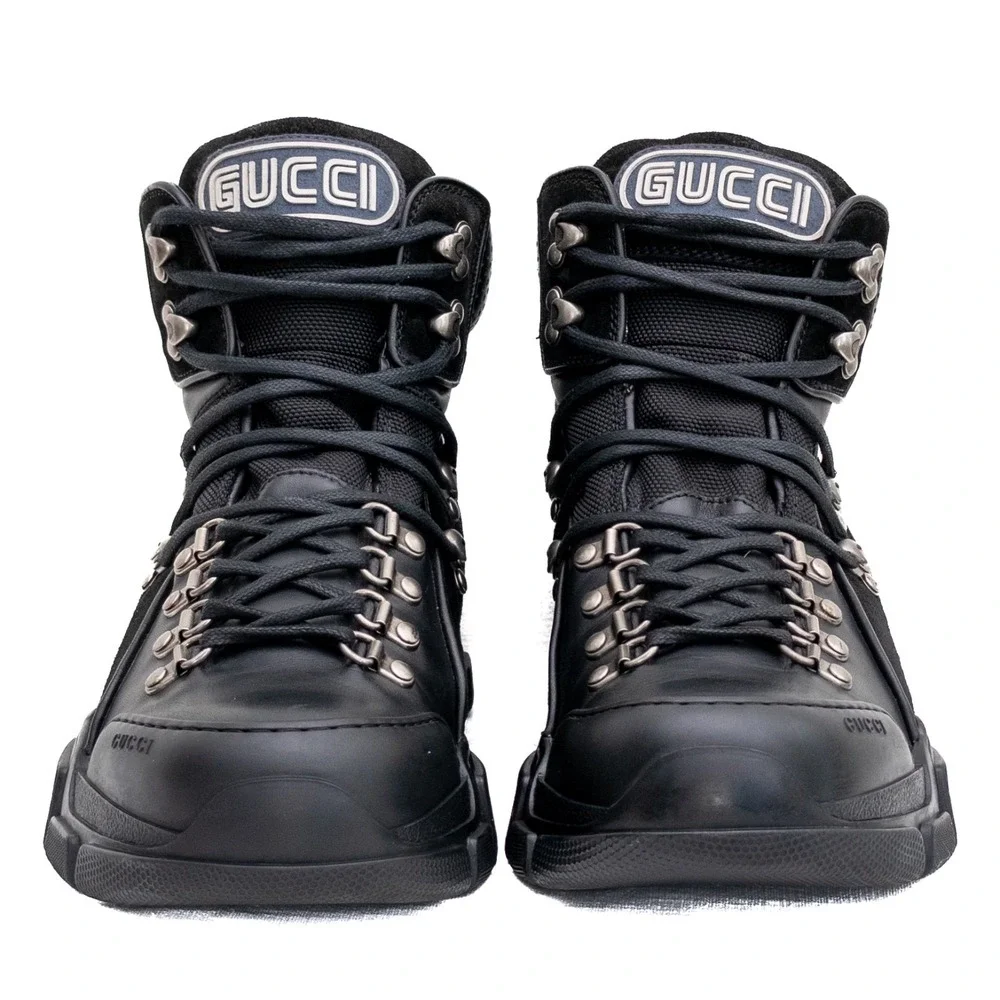 Gucci Flashtrek Black Leather High Top Hiking Boots‎ Mens Size UK 7 US 8 Chunky